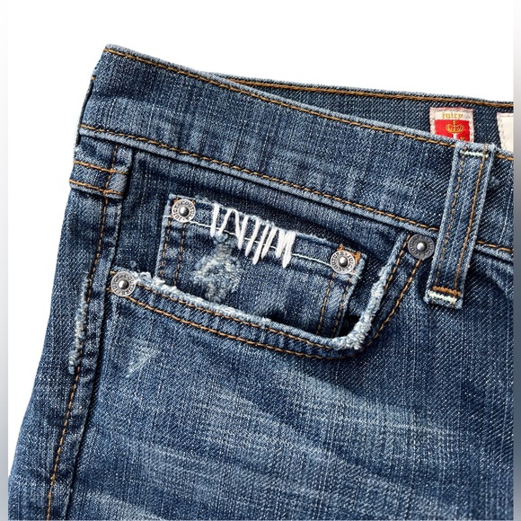 Juicy Couture Bermuda Capri Jeans Women Mid Rise Sz 30 Blue Dark Wash Distressed - Picture 2 of 6